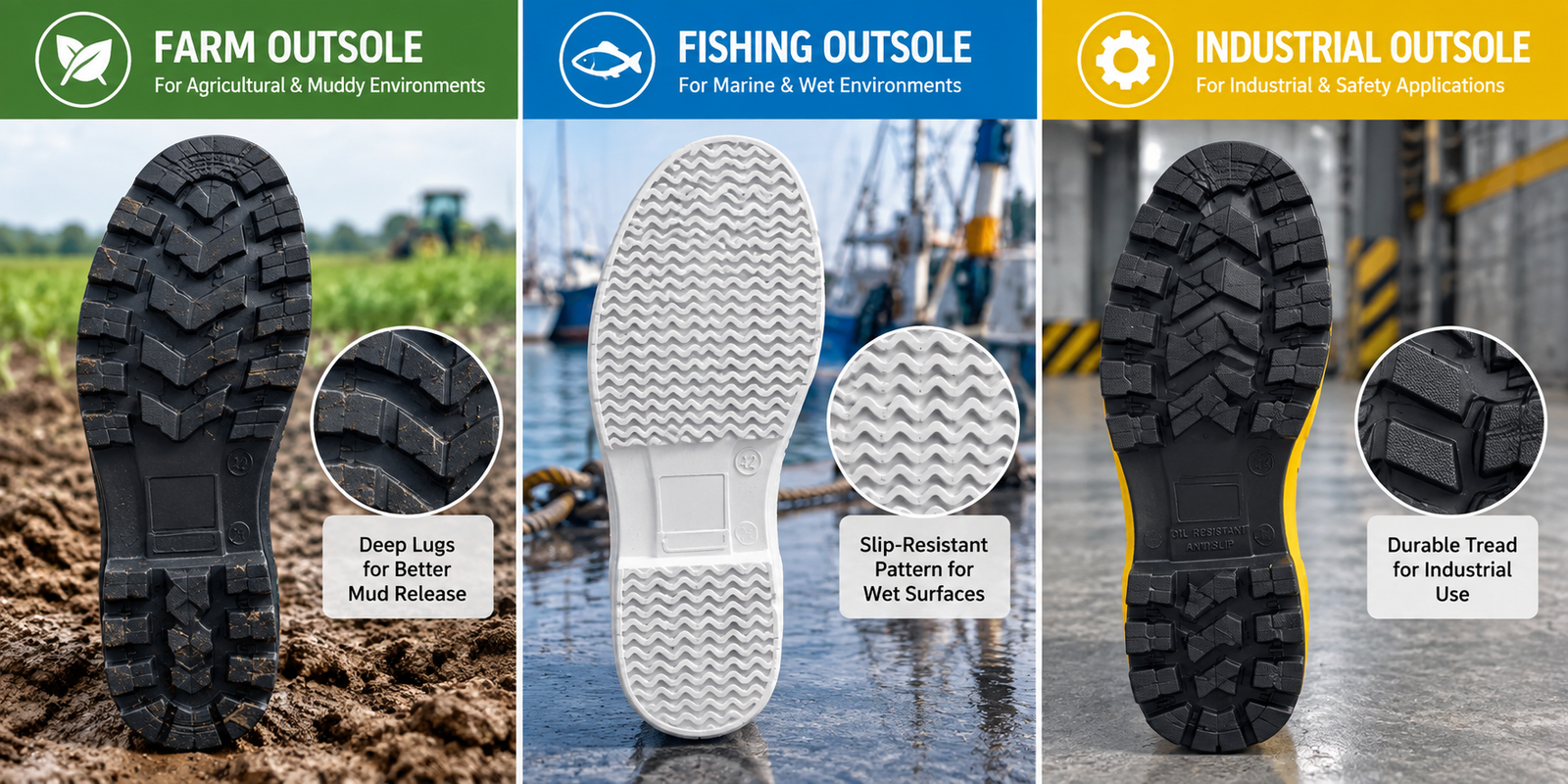 PVC work boot outsole designs for different applications