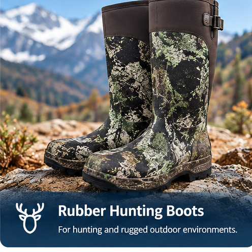 Rubber hunting boots for hunting and rugged outdoor environments