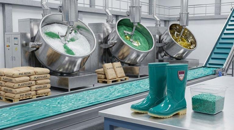 PVC material preparation for rain boot production